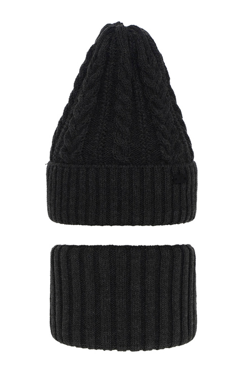 Ensemble d'hiver garçon: bonnet et snood, gris foncé, avec écusson, Colins