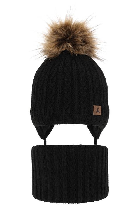 Ensemble d'hiver garçon: bonnet et snood, noir, avec pompon, Pago