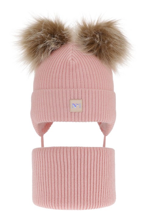 Ensemble d'hiver fille: bonnet et snood, rose, avec deux pompons, avec liens, Kiara