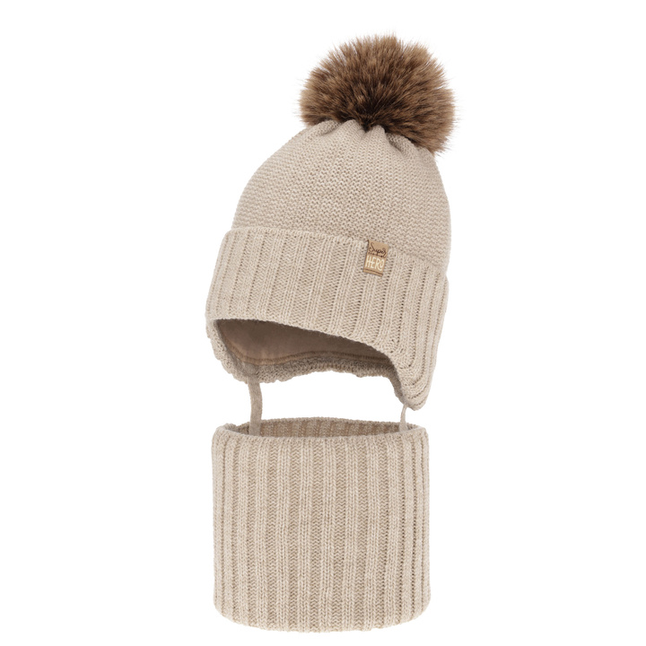 Ensemble d'hiver garçon: bonnet et snood, beige, avec pompon, Kayen