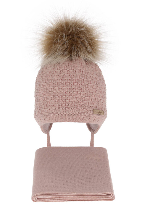 Ensemble d'hiver fille: bonnet et écharpe, rose, avec liens, avec pompon, Clotilde