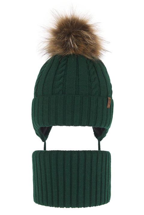 Ensemble d'hiver garçon: bonnet et snood, vert, avec pompon, Peter