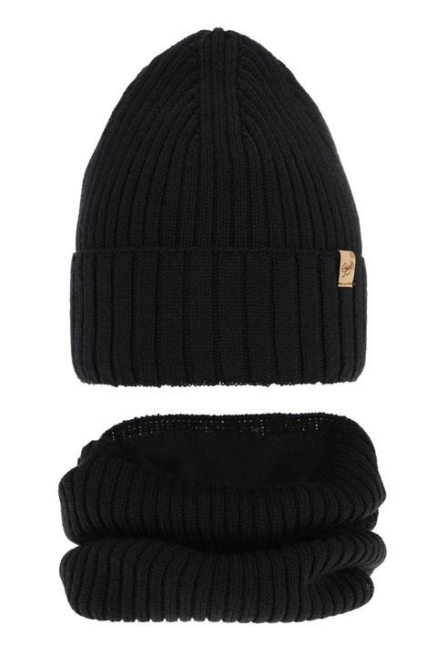 Ensemble d'hiver fille: bonnet et snood, noir, avec laine mérinos, Mesalia