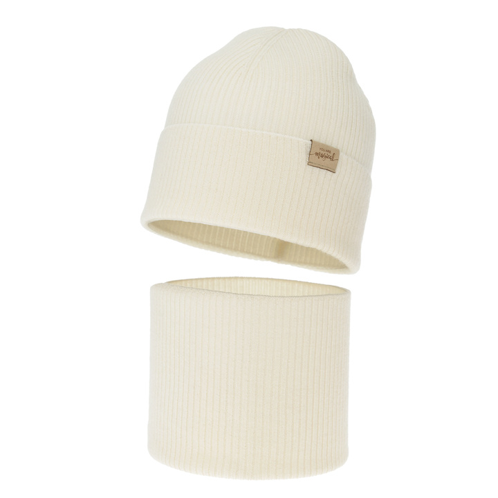 Meisjes herfst/lente set (muts en buissjaal), kremowy, 100% Merino Wol, Magenta