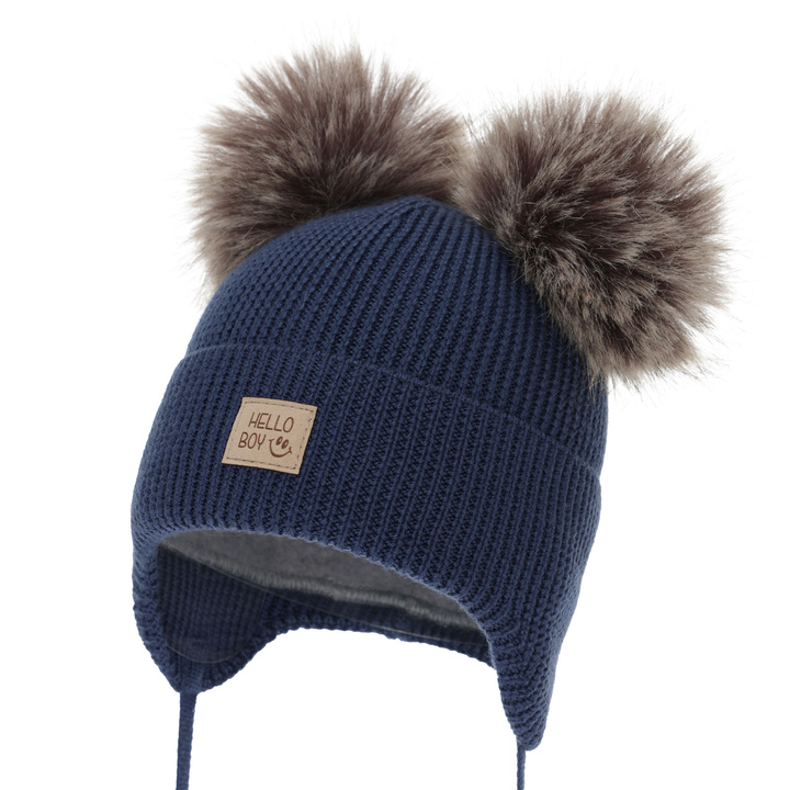 Jongens wintermuts, marineblauw, 100% Merino Wol, gevoerd met wollen fleece, Tambor