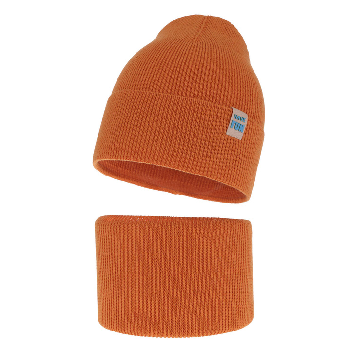 Ensemble automne/printemps garçon: bonnet et snood, met katoen, orange, avec pompon, Ottavio