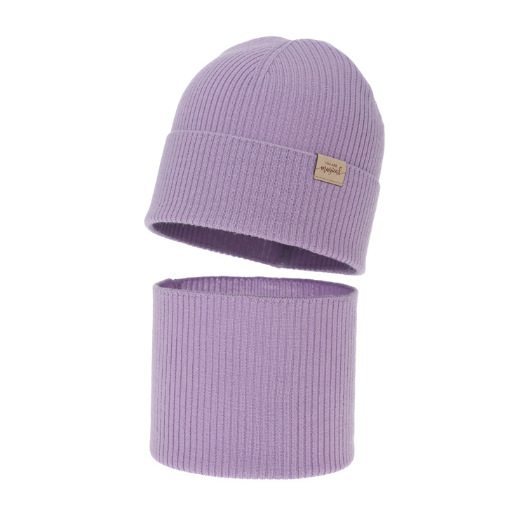 Meisjes herfst/lente set (muts en buissjaal), paars, 100% Merino Wol, Magenta