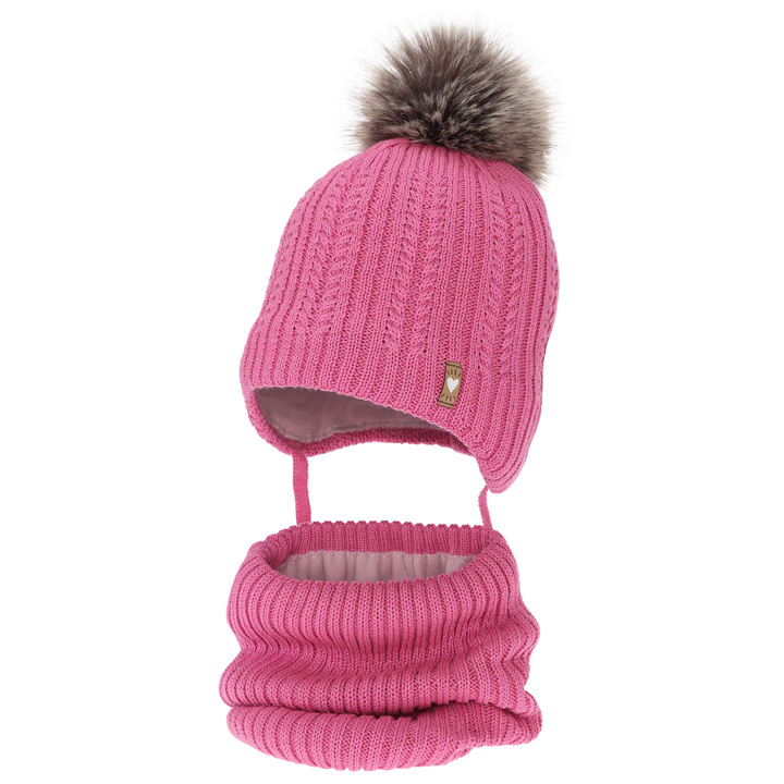 Ensemble d'hiver fille: bonnet et snood, rose, avec laine mérinos, avec pompon, avec liens, Muanda