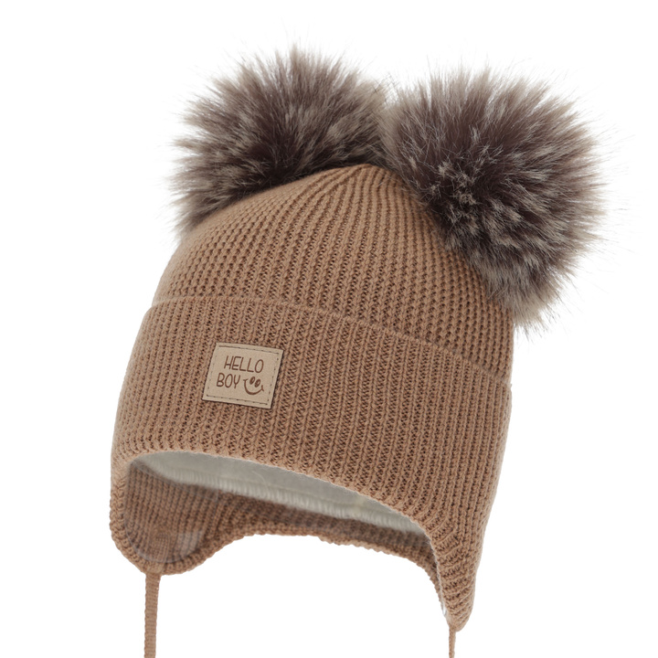 Jongens wintermuts, camel, 100% Merino Wol, gevoerd met wollen fleece, Tambor