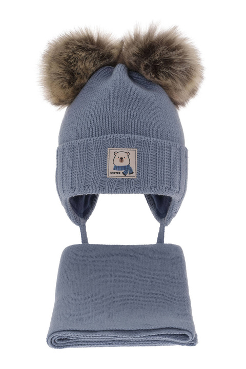 Ensemble d'hiver garçon: bonnet et écharpe, bleu, avec deux pompons, wiązany Jewel