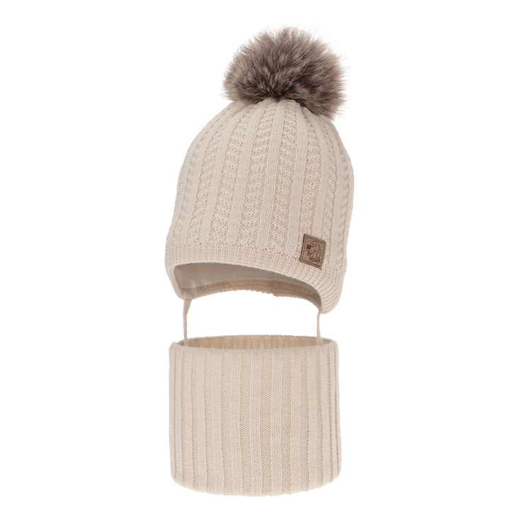 Ensemble d'hiver garçon: bonnet et snood, beige, avec pompon, Endo