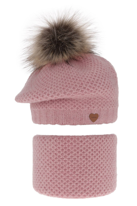 Ensemble d'hiver fille: beret et snood, rose, avec pompon, Francesca