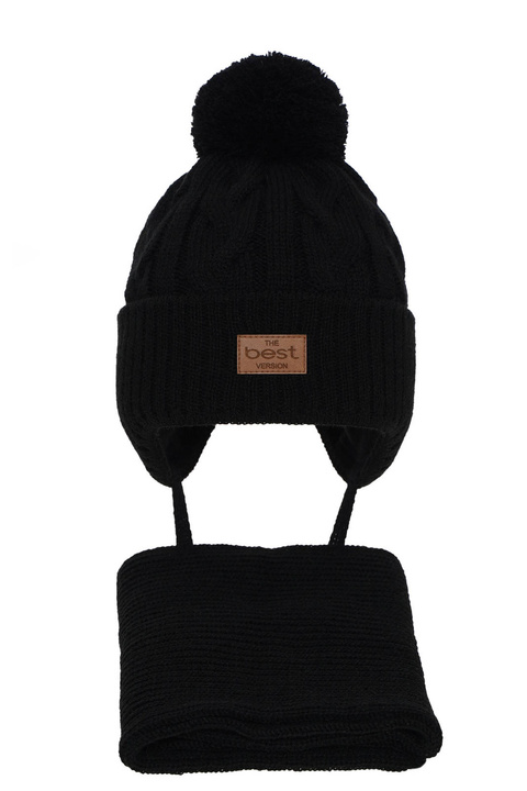 Jongens winter set muts en sjaal, zwart, met garen pompon, met bindkoorden, Remix