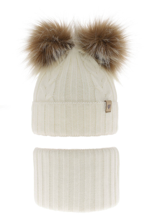 Ensemble d'hiver fille: bonnet et snood, crème, avec deux pompons, Amala
