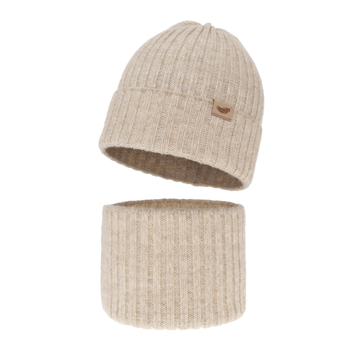 Ensemble d'hiver fille: bonnet et snood, beige, avec laine mérinos, Karmina