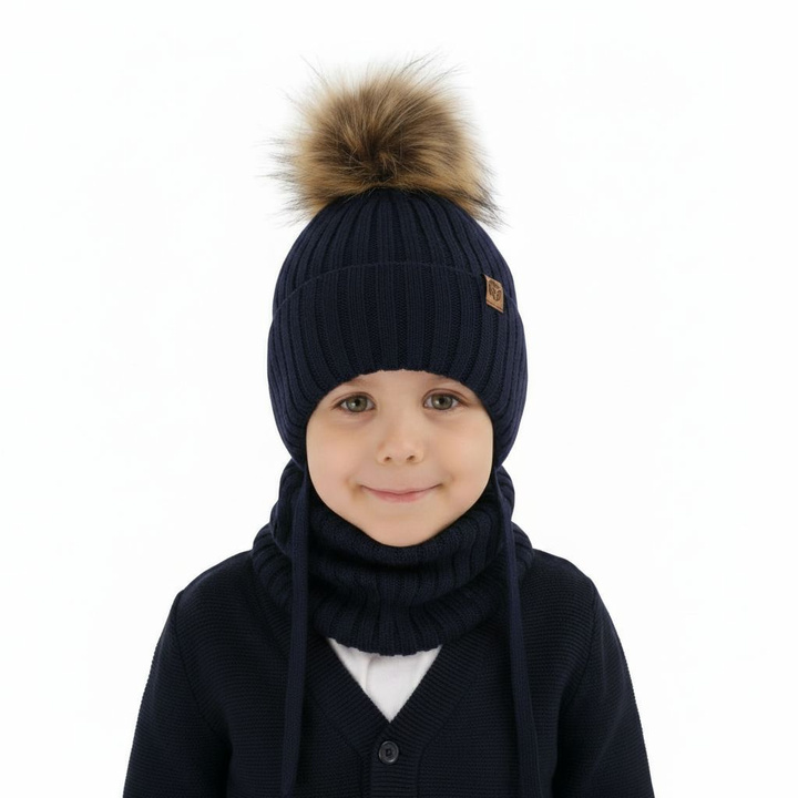 Ensemble d'hiver garçon: bonnet et snood, bleu marine, avec pompon, 100% Laine Mérinos, Juno