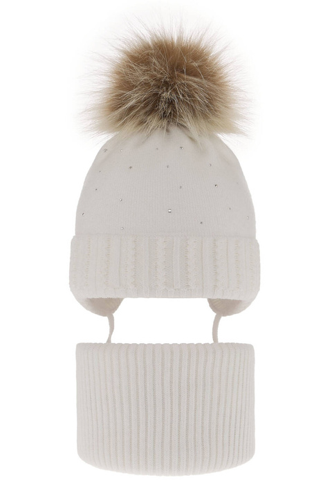 Ensemble d'hiver fille: bonnet et snood, blanc, avec pompon, Renia