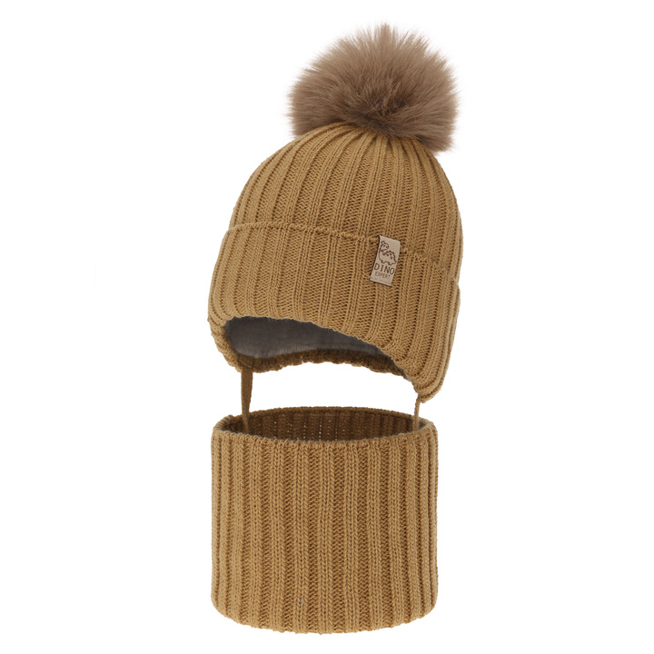 Ensemble d'hiver garçon: bonnet et snood, camel, avec pompon, Bagil
