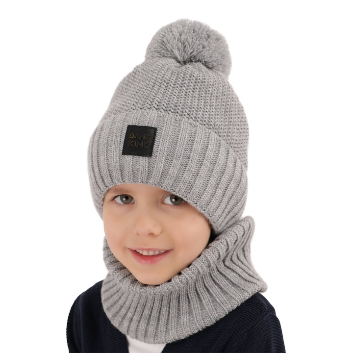 Ensemble d'hiver garçon: bonnet et snood, gris, avec pompon, Conan