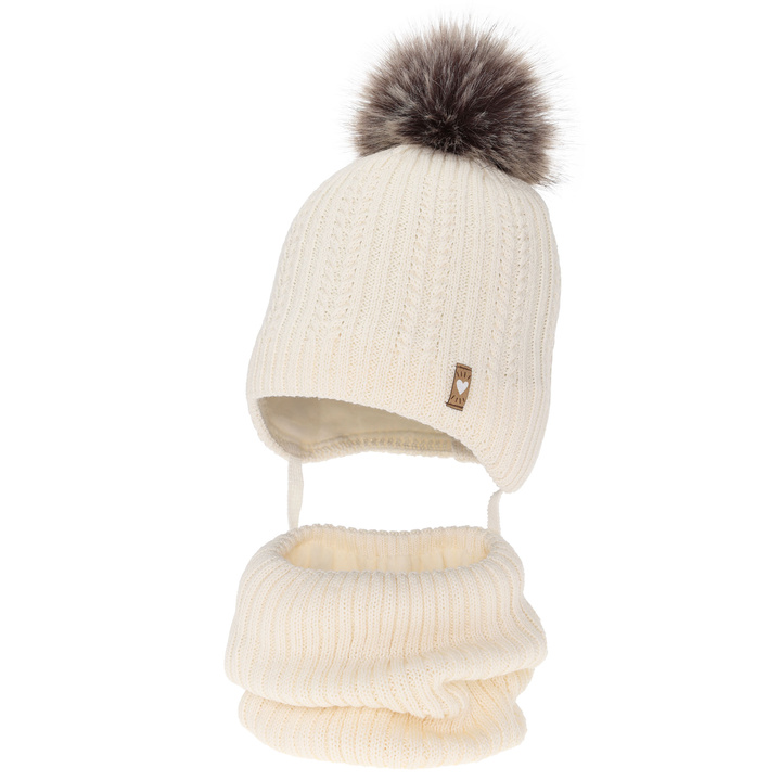 Ensemble d'hiver fille: bonnet et snood, crème, avec laine mérinos, avec pompon, avec liens, Muanda