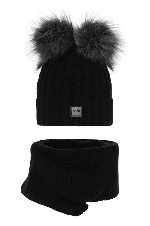 Ensemble d'hiver fille: bonnet et écharpe, noir, avec deux pompons, Zenda