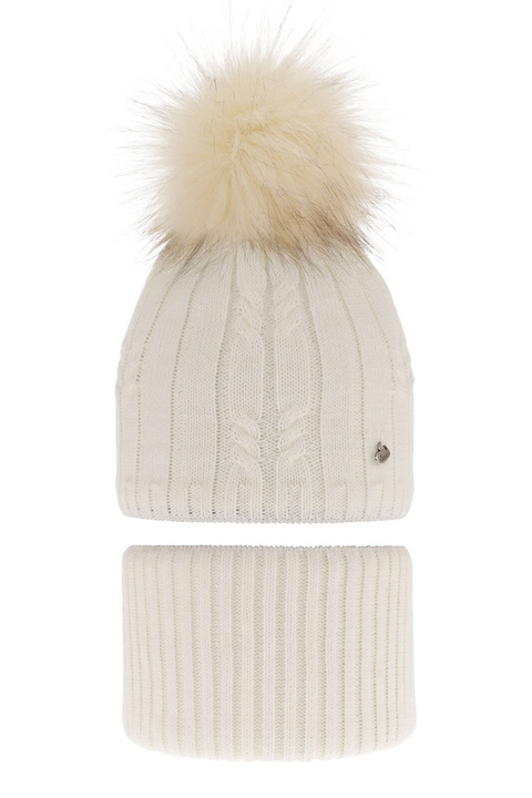 Ensemble d'hiver fille: bonnet et snood, crème, avec pompon, Amaltea