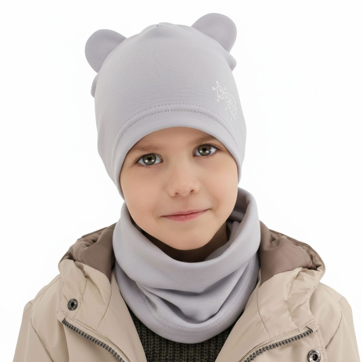 Ensemble automne/printemps garçon: bonnet et snood, gris clair, coton, Cymes