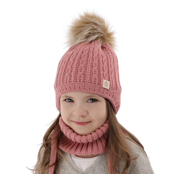 Ensemble d'hiver fille: bonnet et snood, rose, avec pompon, Passa