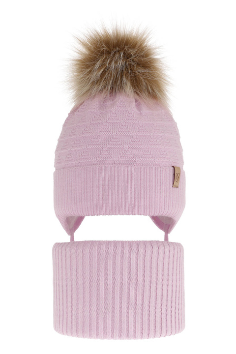Ensemble d'hiver fille: bonnet et snood, lilas, avec pompon, avec liens, Egeria