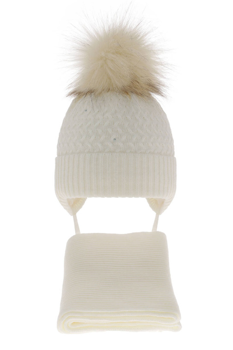 Ensemble d'hiver fille: bonnet et écharpe, crème, avec pompon, avec liens, Zelta