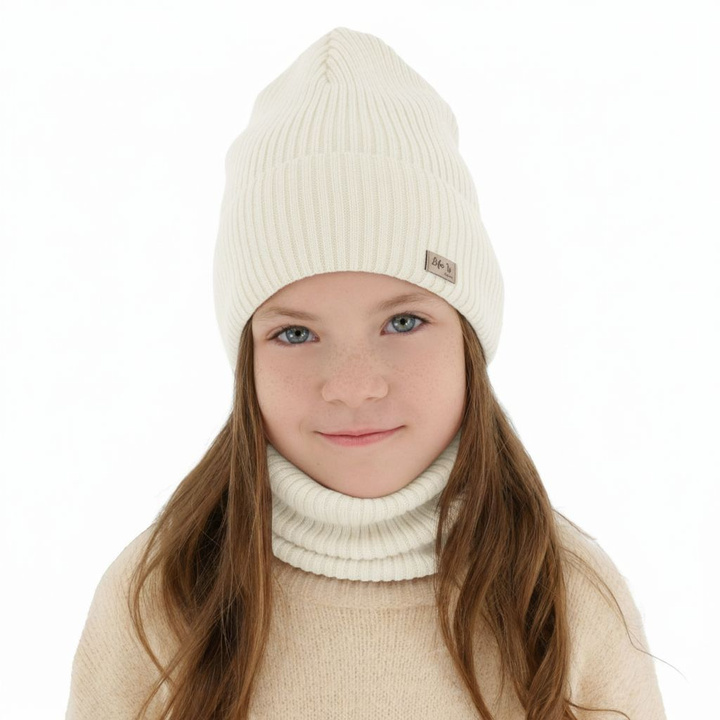 Ensemble automne/printemps fille: bonnet et snood, crème, Avec laine mérinos, Itra