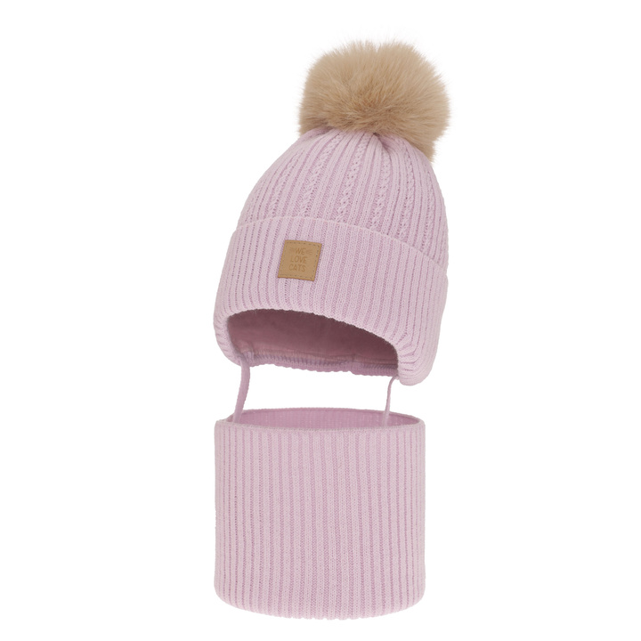 Ensemble d'hiver fille: bonnet et snood, lilas, avec pompon, Betty