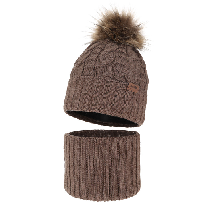 Ensemble d'hiver garçon: bonnet et snood, brun, avec pompon, Cent