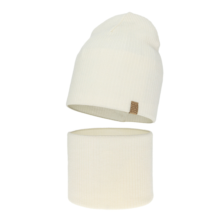Ensemble automne/printemps fille: bonnet et snood, crème, avec laine mérinos, Ricona