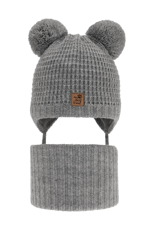 Ensemble d'hiver garçon: bonnet et snood, gris, avec deux pompons, avec liens, Krispi