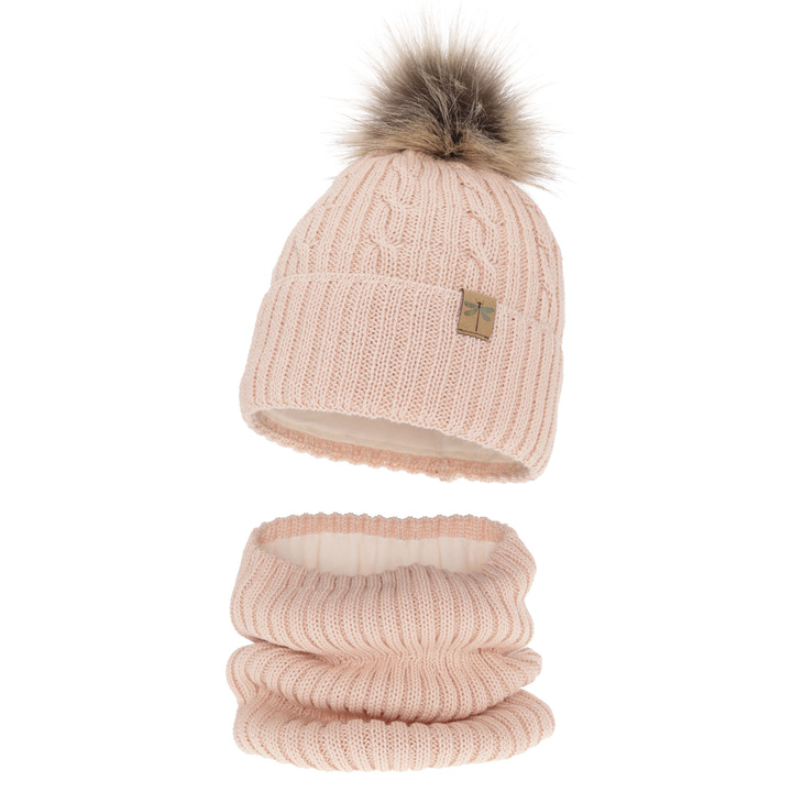 Ensemble d'hiver fille: bonnet et snood, rose clair, avec pompon, avec laine mérinos, Aprilia