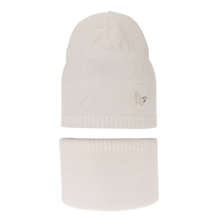 Ensemble automne/printemps fille: bonnet et snood, met katoen, crème, ajouré, Amarilla