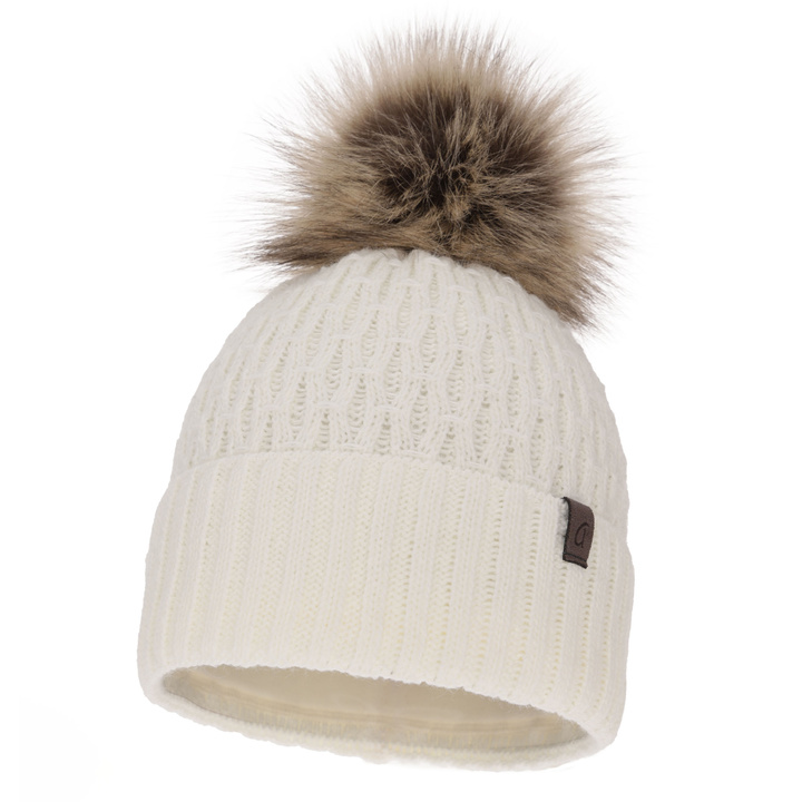 Bonnet d'hiver femme, crème, avec pompon, Gaba