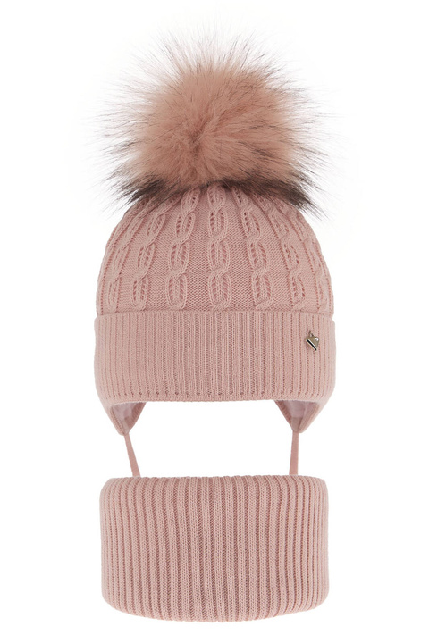 Ensemble d'hiver fille: bonnet et snood, rose, avec pompon, avec liens, Tukana