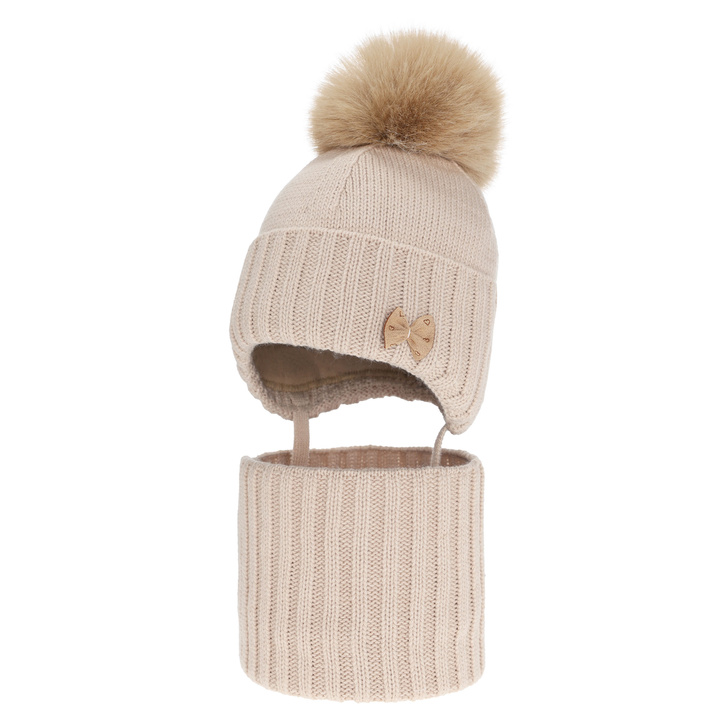 Ensemble d'hiver fille: bonnet et snood, beige, avec pompon, Talena