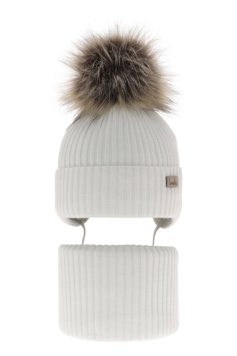 Ensemble d'hiver fille: bonnet et snood, blanc, avec liens, avec pompon, Bria