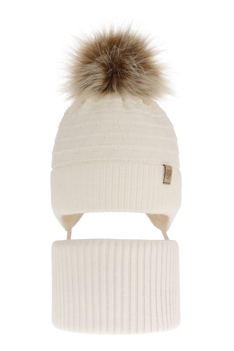 Ensemble d'hiver fille: bonnet et snood, crème, avec pompon, Egeria