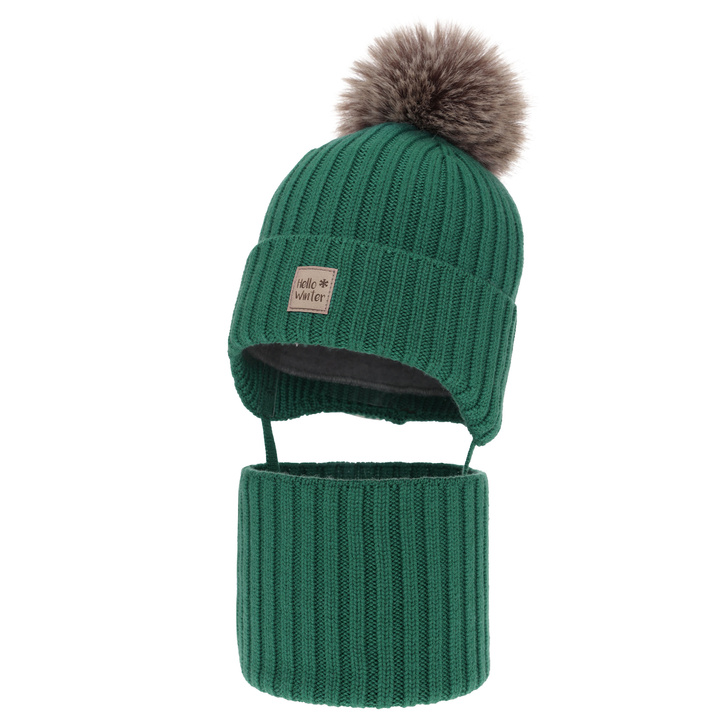 Ensemble d'hiver garçon: bonnet et snood, vert émeraude, avec laine mérinos, doublé de polaire, avec liens, Morti