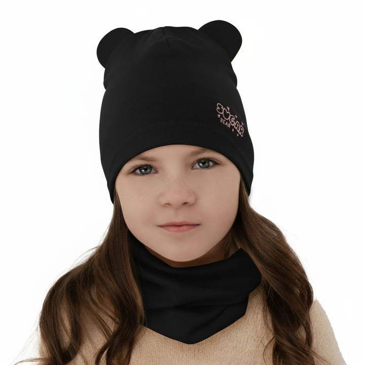 Ensemble automne/printemps fille: bonnet et snood, noir, en coton, Cyntia