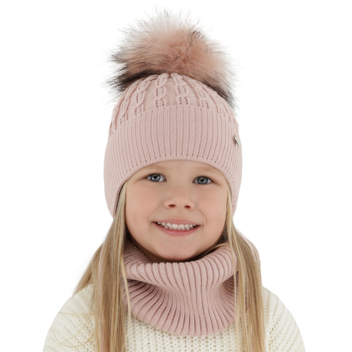 Ensemble d'hiver fille: bonnet et snood, rose clair, avec pompon, avec liens, Tukana