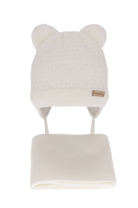 Ensemble d'hiver garçon: bonnet et écharpe, blanc, avec deux pompons, avec liens, Franki
