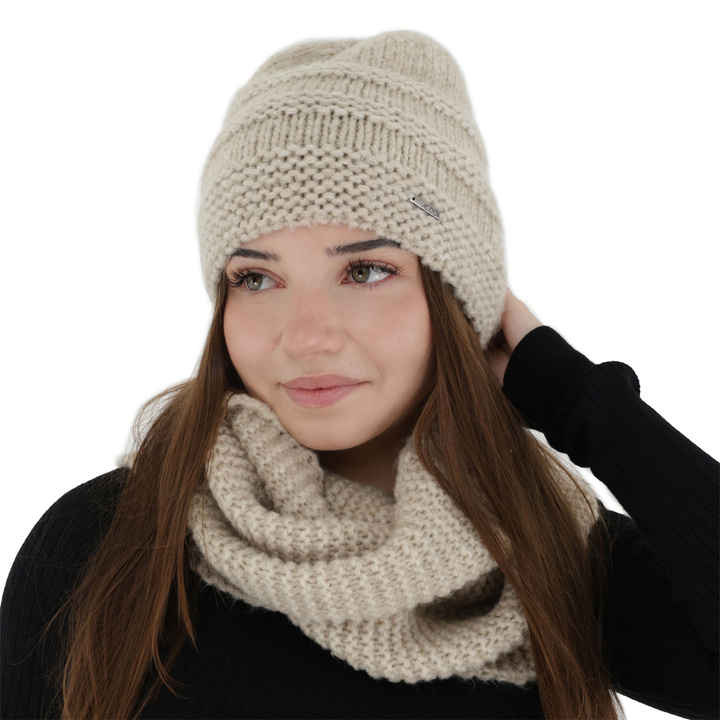Dames winter set (muts en buissjaal), lichtbeige, met merinowol, Driva
