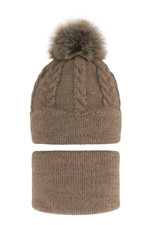 Ensemble d'hiver fille: bonnet et snood, beige, avec pompon, Etula