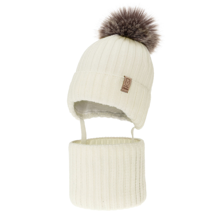 Ensemble d'hiver fille: bonnet et snood, crème, avec pompon, Abigail