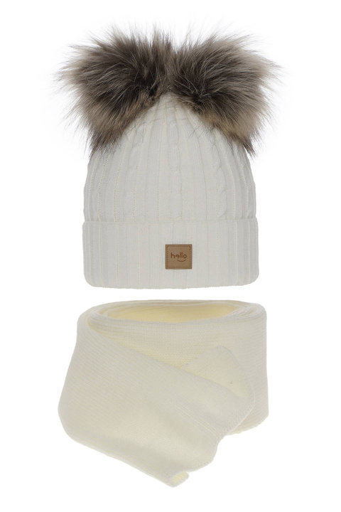 Ensemble d'hiver fille: bonnet et écharpe, crème, avec deux pompons, Zenda